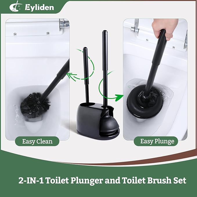 Eyliden 2 Pack Toilet Plunger & Brush Set, Upgrade 3-Step Suction Cup - Ultra-Tight Seal, Durable, Space-Saving Toilet Deep Cleaning Combo with Holder, Bathroom Essentials (2 Pack, Black)