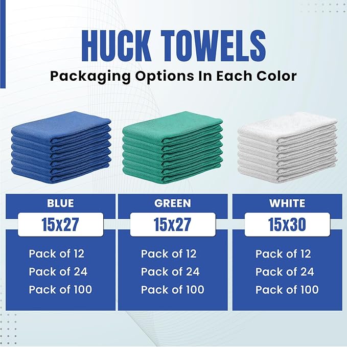 Premium Blue Huck Towels – (24 Pack) 15 x 27 inches 100% Cotton Bulk Towel for General Cleaning, Auto Shop, and Hospital Use, Super Absorbent, Machine Washable Cloth