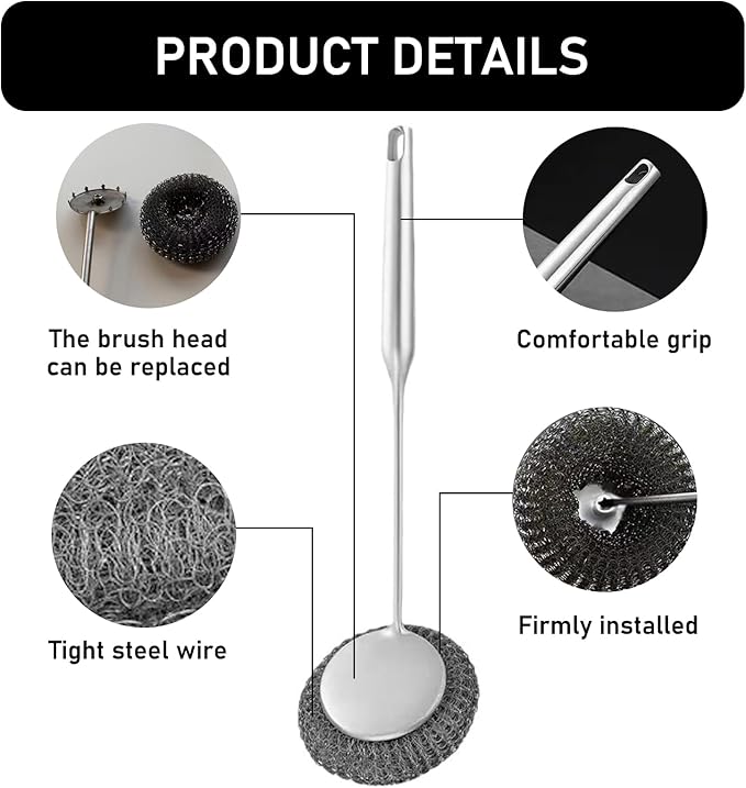 Stainless Steel Wool Metal Wire Scrubber Sponge Scouring Pads Brush Set with Handle for Cleaning Dishes,Pots and Pans,Kitchen Cast Iron,Stoves, Sink,Cooking Tools,Silver(7pcs)