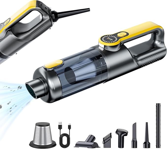 VIPDIGI Handheld Vacuum Cordless, Car Vacuum Portable Cordless 6000mAh Dust Busters Rechargeable Brushless Motor 18000Pa Strong Suction, Portable Vacuum for Car Home with 6 Accessories, Yellow