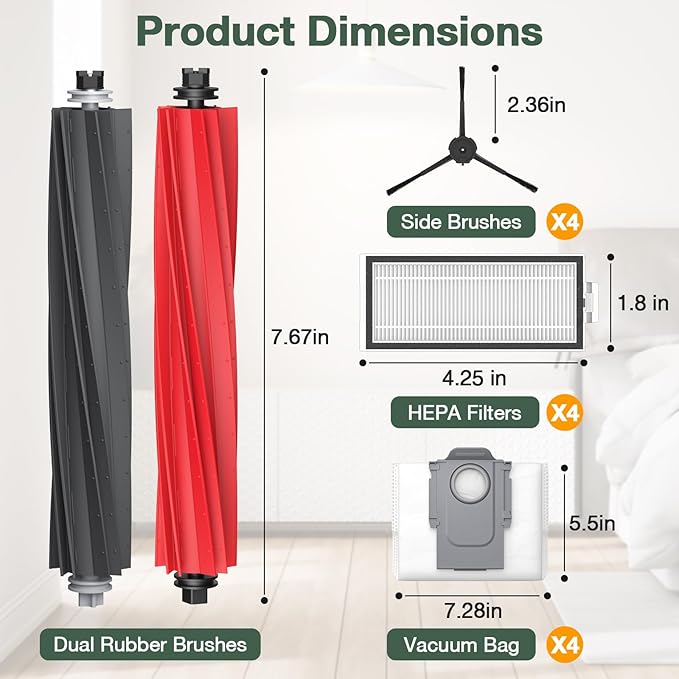 Q5 Max+ Accessories for Roborock Q5 Max+, Q5 DuoRoller+, Q5 Pro+, Q8 Max+ Robot Vacuum Cleaners, Replacement Parts Include 2 Roller Brush, 4 Side Brushes, 4 Filter, 4 Dust Bag, NOT For Q5 Model