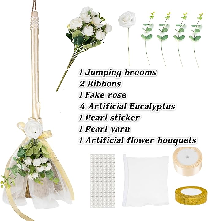 SISIMER Wedding Broom African Jumping Ceremony Decorative Broom DIY Wedding Decor, White Tulle Accents with Pearl Gold Ribbon Artificial Flower Bouquets