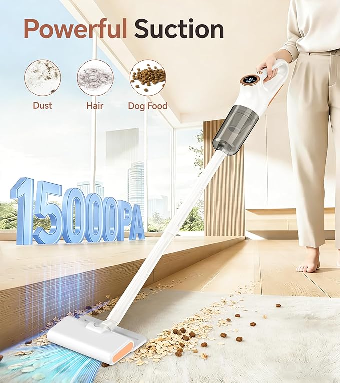 AbuDodo Cordless Vacuum Cleaner, Stick Vacuum Cordless Rechargeable with Powerful Suction and LED Display, Portable Vacuum Cleaners for Home, Wireless Vacuum for Hardwood Floor Carpet Pet Hair, White