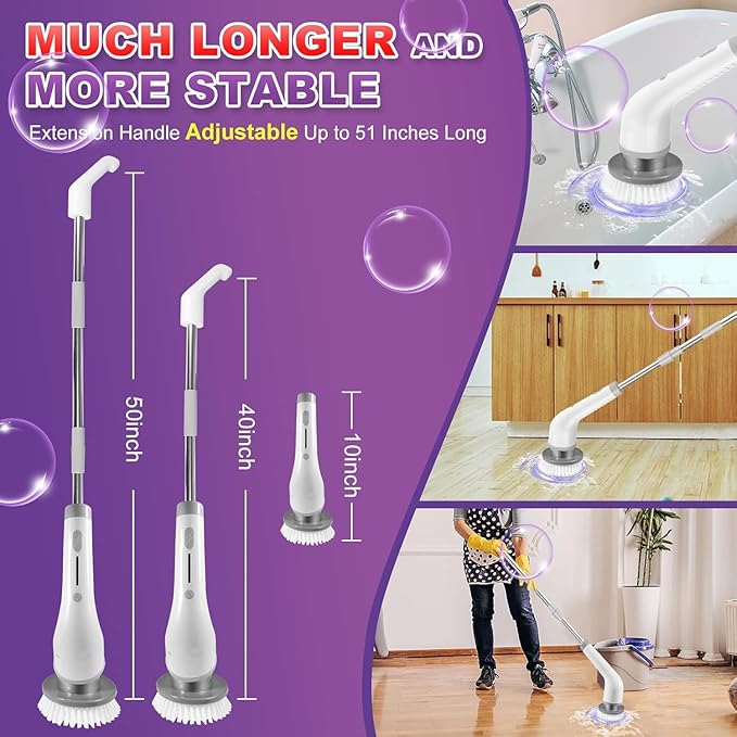 Electric Spin Scrubber, 7 Replaceable Brush Heads, 1.5H Bathroom Scrubber Dual Speed & Adjustable Extension Arm, Cordless Household Cleaning Brush for Bathroom Tub Tile Floor