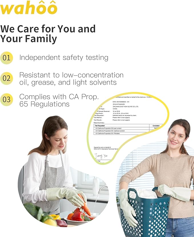wahoo Skin-Friendly Cleaning Gloves, Reusable Dishwashing Gloves with Flocked Cotton Liner, Dishwashing, Kitchen, Canary Green, Small