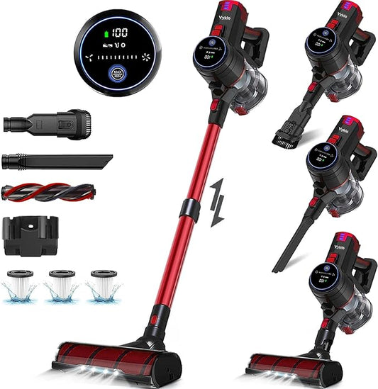VYKLO V8 Cordless Vacuum Cleaner, Powerful Suction Stick Vacuum, 55Mins Runtime, Wireless Lightweight Handheld Vacuum Cleaner for Home, Hardwood Floor, Carpet, Car, Pet Hair Cleaning (Red)
