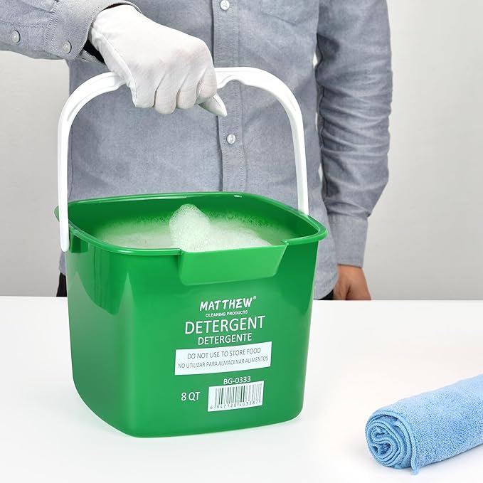 Matthew Detergent&Sanitizing Cleaning Bucket 8 Quart Plastic Pail,Set of 12 Square Containers,Built-In Spout w/Handle,Wash Rinse Sanitize Handwash Bucket for Home Commercial Restaurant (6 Red&6 Green)