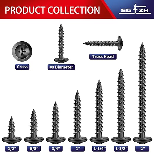 #8 x 1 Wood Screw 100Pcs Alloy Steel Standard Thread Truss Head Fast Self Tapping Black Oxide by SG TZH