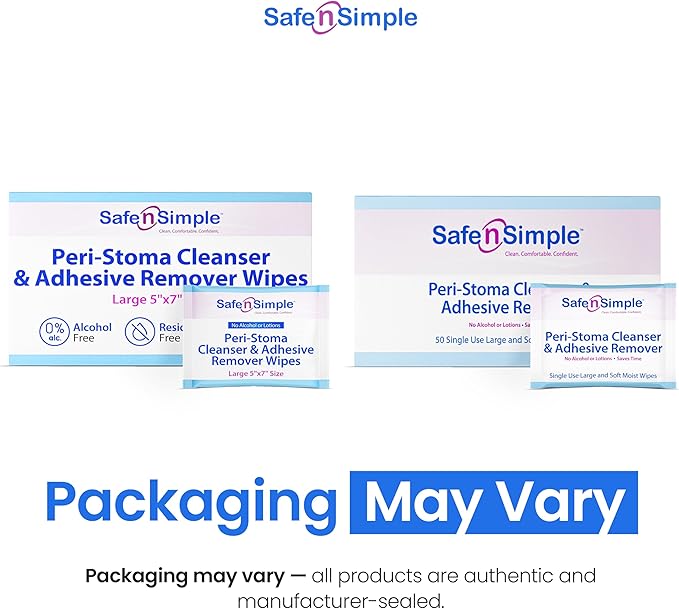 Safe n' Simple Adhesive Remover for Skin - 5"x7" 50 Wipes - Stoma Adhesive Remover Wipes - Alcohol Free Wipes for Sensitive Skin - No Sting Adhesive Remover Wipes