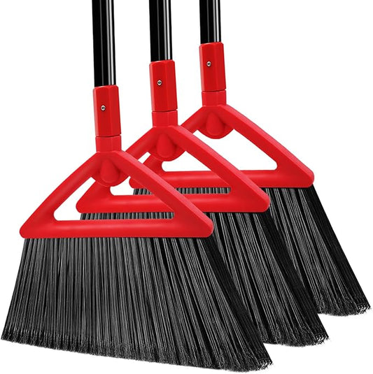 PUTNATRUE Heavy Duty Angle Broom, 3 Pack Longer Commercial Brooms, Swipe Brooms for Sweeping Indoor Outdoor, Perfect Red Broom of Kitchen, Garage, House, Restaurant