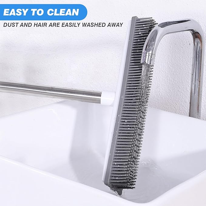 Rubber Broom with Built in Squeegee, Carpet Rake for Pet Hair Removal, Fur Remover Broom with 51" Adjustable Long Handle, Soft Push Broom for Carpet, Hardwood Floor, Tile