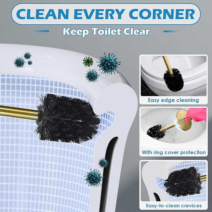 Chemlliy Stainless Steel Toilet Brush and Holder, Golden Toilet Cleaner Brush, Toilet Bowl Brush and Holder for Bathroom Storage Organization