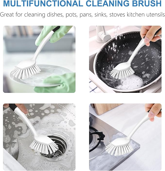SetSail Dish Brush with Handle, 2 Pack Stiff Bristles Dish Scrubber with Built-in Scraper Dish Scrub Brushes for Cleaning Dishes, Pots and Pans, Kitchen Sink, 3 Pack, Black White