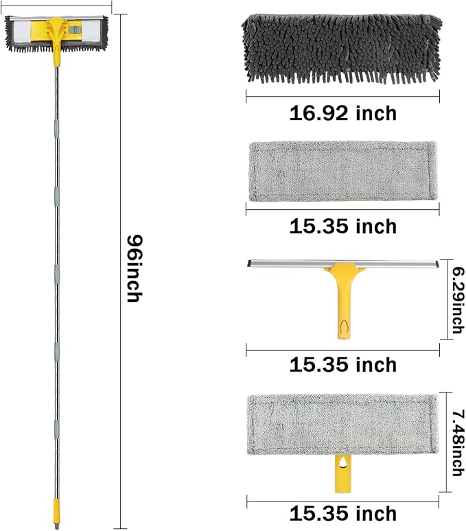 Dymoll 96" Long Handle Window Wall Cleaner Tool with Extension Pole,2 in 1 Large Window Squeegee with Cleaning Mop Tools Kit for Window/Wall/Baseboard/Floors Clean/Solar Panel Washer
