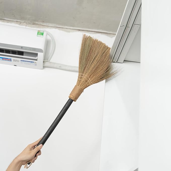 TTS For Home Natural Whisk Sweeping Black Handle Broom - Brooms for Wedding Jumping Ceremony Halloween DIY Decoration - Vietnamese Straw Soft Broom 12.2" Width, 28.35" Length