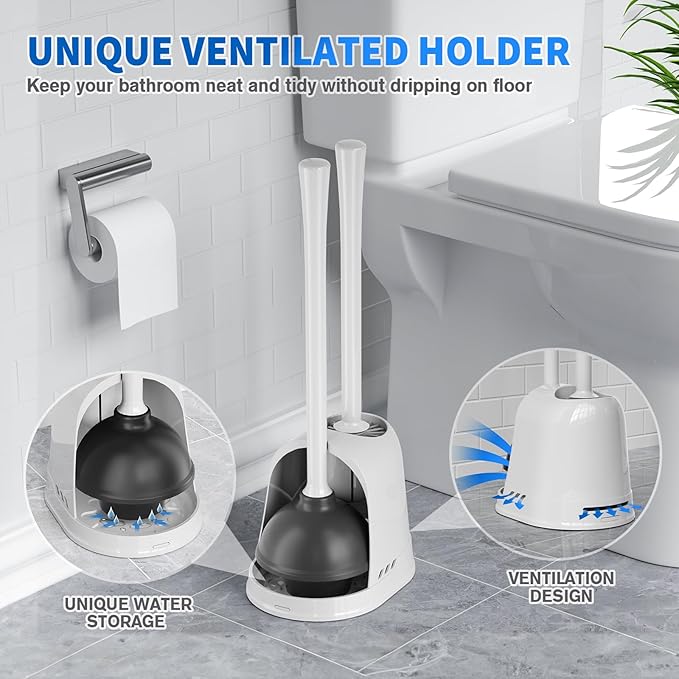 Toilet Plunger and Brush, Silicone Bowl Brush and Heavy Duty Toilet Plunger Set with Ventilated Holder, 2-in-1 Toilet Brush and Plunger Combo for 5.3-inch Bathroom Cleaning (White, 1 Set)