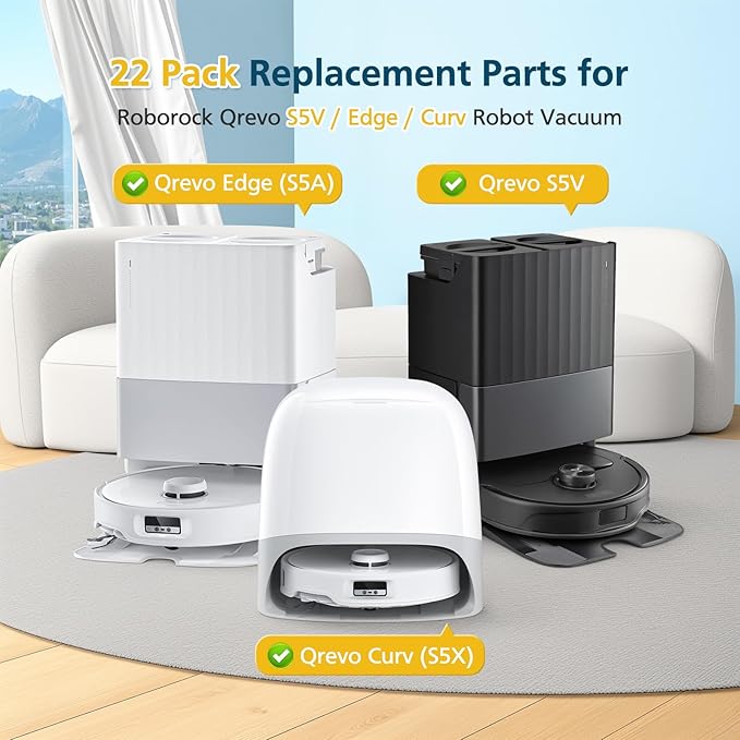 Qrevo S5V Replacement Parts for Roborock Qrevo S5V / Curv/Edge/Edge S5A / Curv S5X, Accessories include 1*Set Main Brush, 4*Mop Pads, 6*Vacuum Bags, 4*Hepa Filters, 4*Side Brush, 2*Cleaning Tool