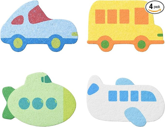 4 PCS Cartoon Car Bath Sponge for Kids,Transportation Cute Shape Compressed Cellulose Shower Sponges for Baby,Soft and Funny