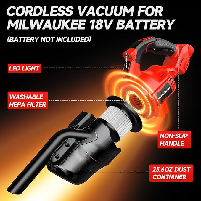 CAMXTOOL Cordless Vacuum for Milwaukee M18 Battery, Handheld Vacuum Cleaner for Home Pet Hair Car, 5-in-1 Portable Shop Vac with 2 Washable HEPA Filter, 4 Multi Nozzle (Battery Not Included)