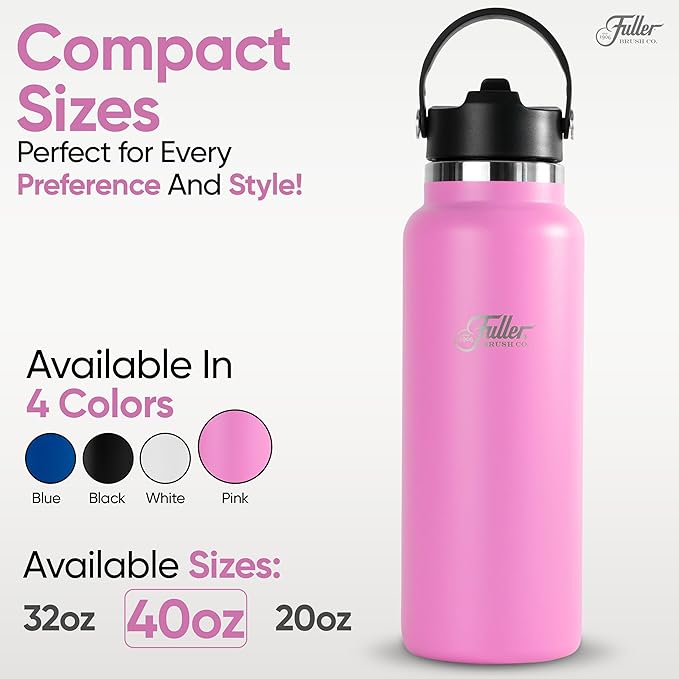 Fuller Stainless Steel Water Bottle with Straw Lid – BPA-Free, Sweat-Proof, Leak-Proof Travel Mug – Double Wall Insulated for Hot & Cold Drinks – Carry Handle (Bright Pink, 40 Oz.)