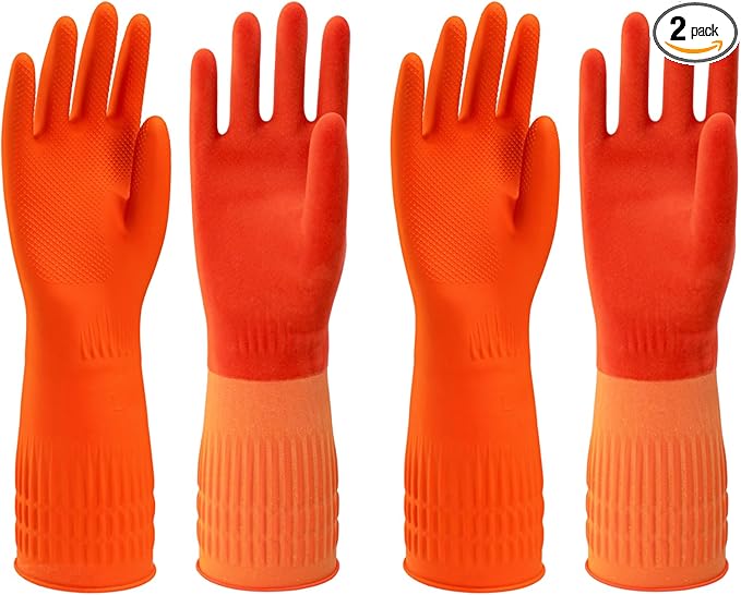 North Tower Kitchen Washing Room Gloves Fleece Lined, Reusable, Waterproof with Extra-Long Cuff & Anti-Slip Design for Household & Kitchen Use,15",2 Pairs Middle