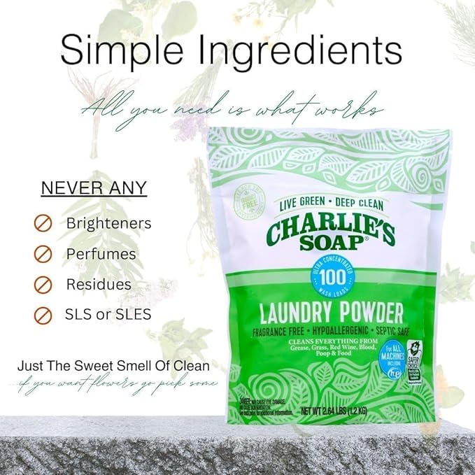 Charlie’s Soap Laundry Powder (100 Loads, 6 Pack) Hypoallergenic Deep Cleaning Washing Powder Detergent – Eco-Friendly, Safe, and Effective