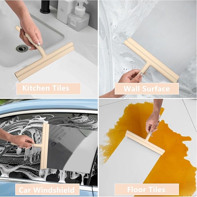 DEOFUXT Shower Squeegee for Glass Doors, Full Silicone Jacketed Squeegee with Ergonomic Handle & No-Drill Hook, Cleaning Tool for Windows, Mirrors, Tiles, Bathroom & Car - Beige