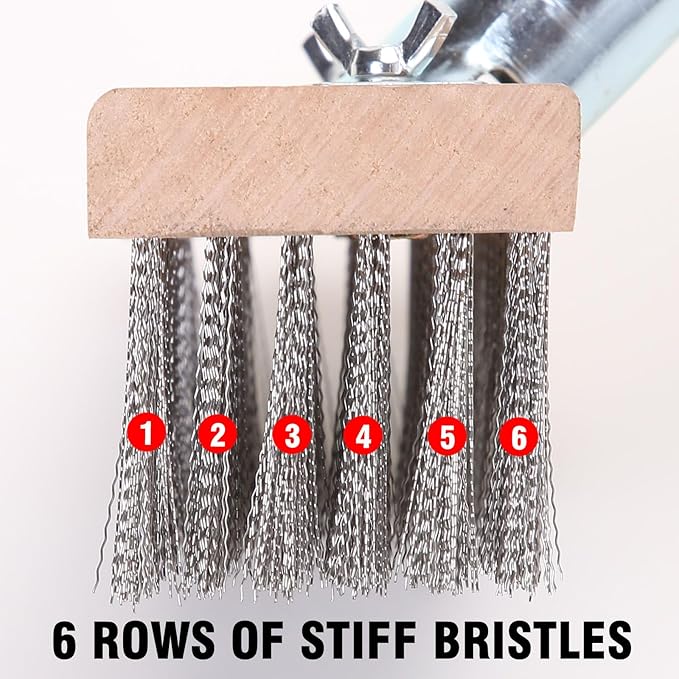MAXMAN Stainless Steel Floor Scrubber Scrub Brush with Long Handle, Deck Brush, 63" Heavy Duty Outdoor Push Broom, Moss Remover, Wire Scratch Brush for Scrubbing Concrete, Patio, Garage, 2 Brush Head