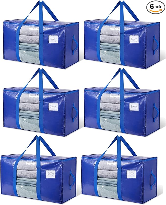 Extra Large Moving Bags, 6 Pack Heavy Duty Packing Bags for Moving, Totes For Storage with Visible Window and Wrap Around Handles, Moving Supplies for Space Saving