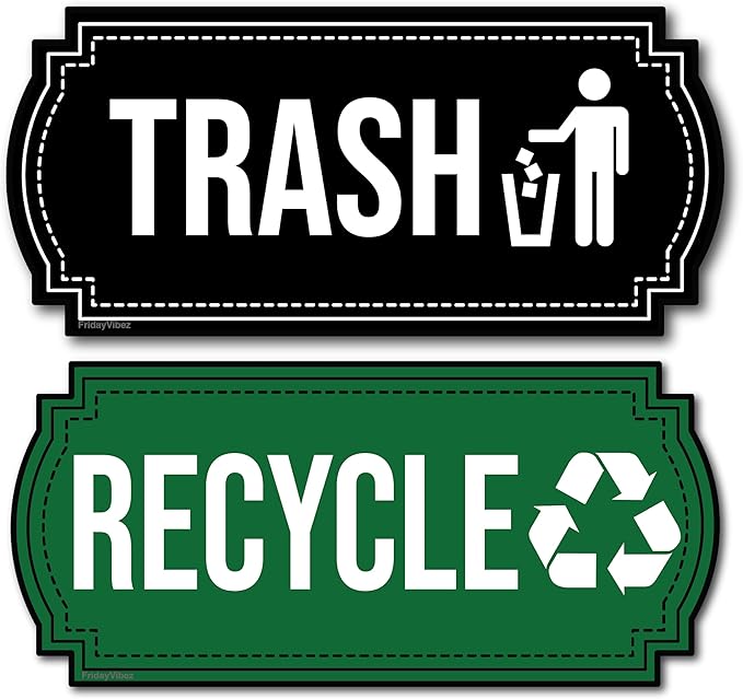 Recycle and Trash Magnets for Kitchen Cans and Recycling Bins, Dual Trash and Recycle Magnet for Garbage Can Logo Symbol, 2 Magnetic Sticker Adhesives, 6.5x3 Inch Design Home Outdoor Waste (Green)