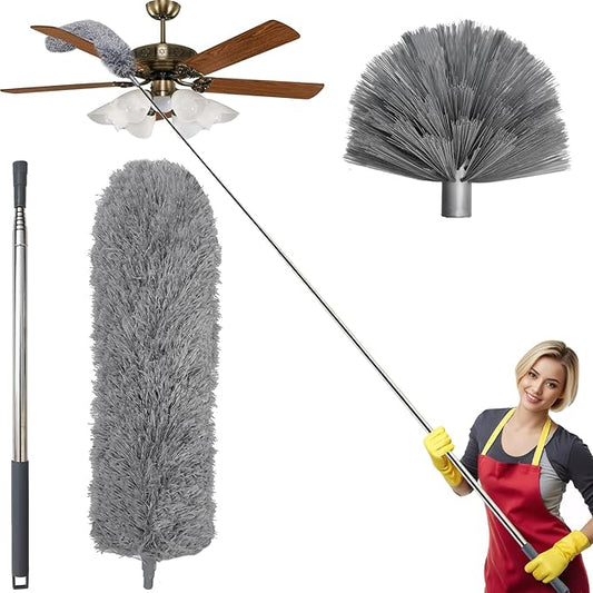 100 Inch Cobweb Duster, Spider Web Brush & Microfiber Feather Duster with 100" Extension Pole, Bendable Head, Scratch-Resistant Cover, Washable Duster for Home Ceiling, Fan, Furniture (Gray)