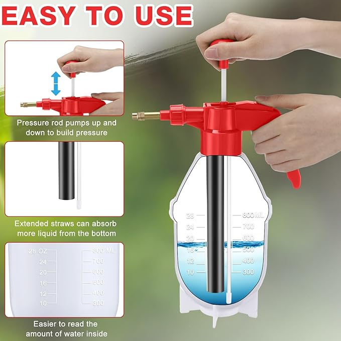 2 Pcs 27 oz Handheld Pump Spray Bottle Garden Spray Bottles Lawn Pressure Hand Pump Sprayer with Adjustable Nozzle for Chemicals Watering Weeds Garden and Car Detailing & Washing (Red)
