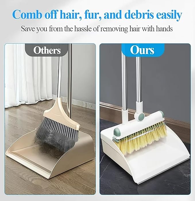 Broom and Dustpan Set 50" Long Handle Foldable Stand Up Broom and Dustpan with Comb Teeth for Indoor & Outdoor Sweeping Home Dog Cat Pets (White)