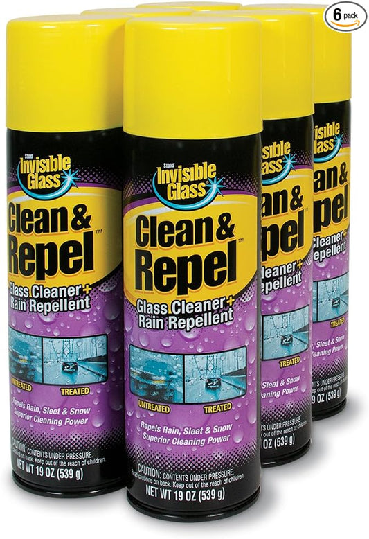 Invisible Glass 91184-6PK Clean & Repel – Aerosol Glass Cleaner and Rain Repellent, Cleans Exterior Windshields, Repels Rain, Sleet, Snow, Improves Wet Weather Driving Visibility – 19 oz (Pack of 6)