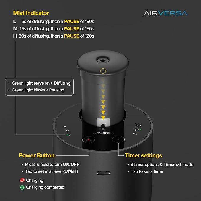 Airversa Waterless Essential Oil Diffuser for Home Aromatherapy Scent Diffusers with 3 Countdown Timer Settings or Timer-Off, 3 Mist Levels for Car Room Studio Office, ANX Premium Metal Mint