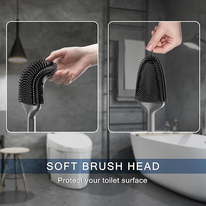 DALIPER Toilet Brush and Holder Set - Flexible Silicone Toilet Bowl Scrubber Brush, Compact Bathroom Brush with Ventilation Base, Black
