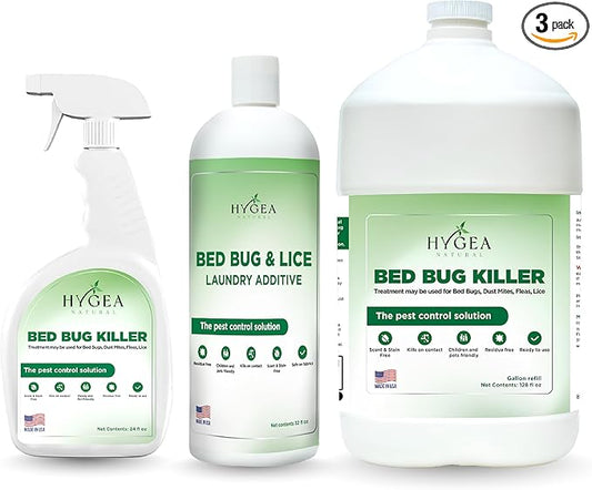 Hygea Natural Combo Pack, Natural Formula, Child & Pet Friendly, Odorless, Includes Bed Bug Spray 24 Ounce, Refill 128 Ounce & Laundry Additive 32 Ounce
