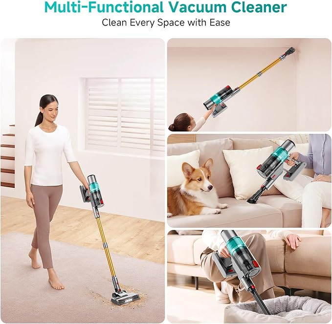 Clinkal Cordless Vacuum Cleaner: 40KPA Powerful Suction Cordless Stick Vacuum Cleaners for Home, Anti-Tangle Brush, Lightweight, 6-in-1 Rechargeable Vacuum for Pet Hair/Carpet/Hard Floor(Green)