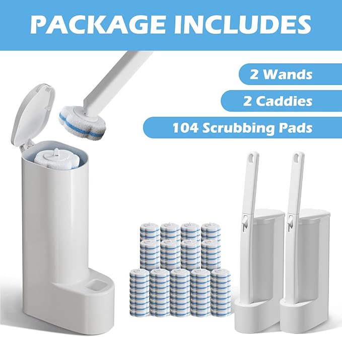 Disposable Toilet Brush Cleaning System, 2pcs Wands with 104pcs Replacement Heads, Stick for Toilet Cleaning,Wands with Refills Pads, Wall Mounted Toliet Wand for Bathroom, Toilet Brush and Holder Set