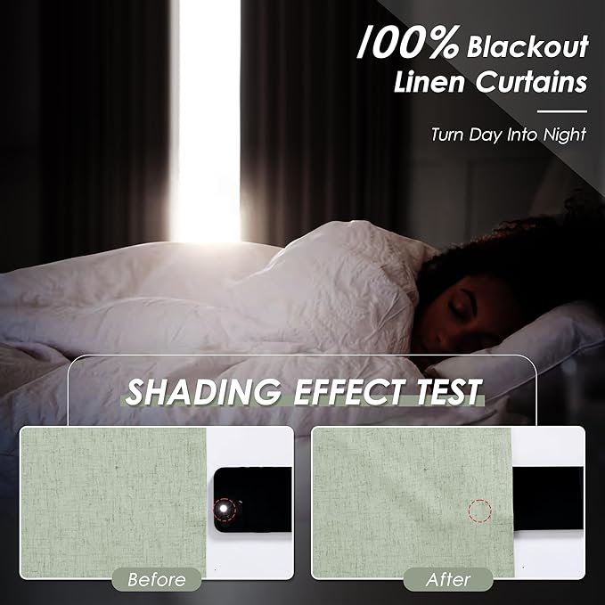 Light Sage Linen Blackout Curtains 108 Inches Long 2 Panel Set for Living Room Back Tab Pocket Drapes Cotton Textured Room Darkening Light Blocking Curtain for Bedroom Cottage High Window 52x108