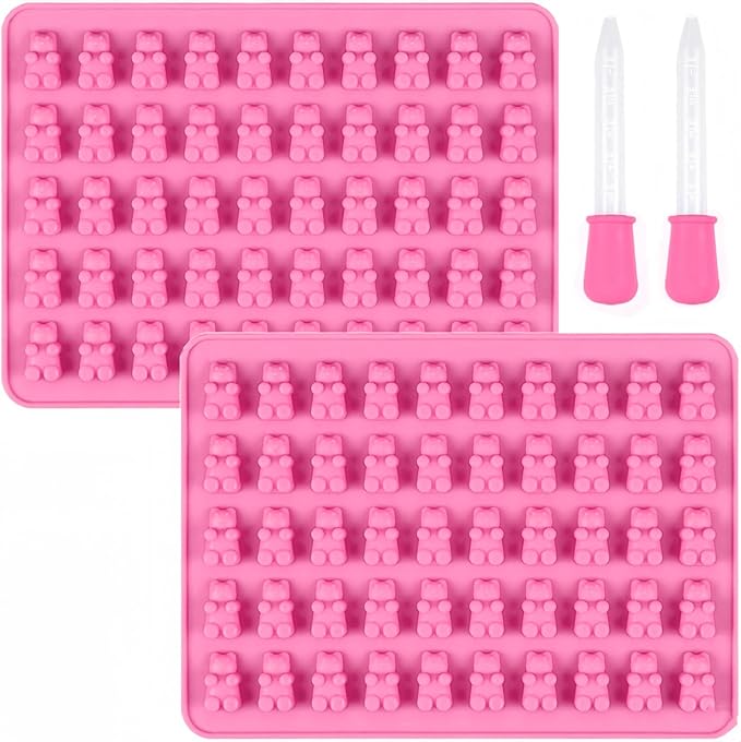 2 Piece Gummy Bear Silicone Molds, Non-Stick Chocolate Candy Mold with 2 Droppers Food Grade (Pink)