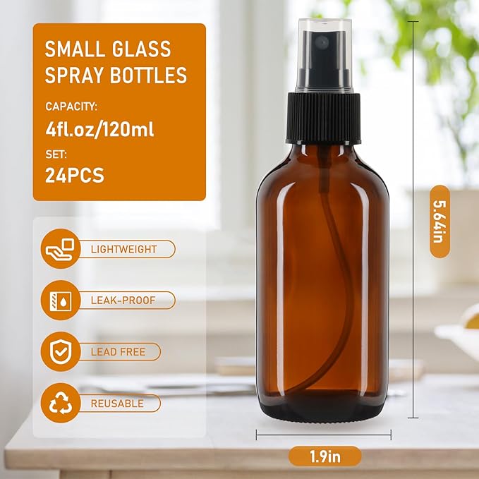 120ml Glass Spray Bottles with Fine Mist Sprayer 24Pack, Small Amber Glass Spray Bottles 4 oz for Perfumes,Cleaning Products,Pet Spray (4fl.oz, Set of 24)