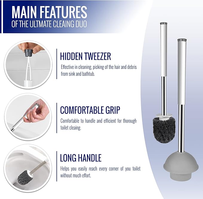 True Fresh Toilet Brush and Plunger Set with Holder Caddy -Stainless Steel Brush and Toilet Plunger for Heavy Duty -2-in-1 Scrubber Combo with Hidden Tweezer & Extendable Plastic Handle