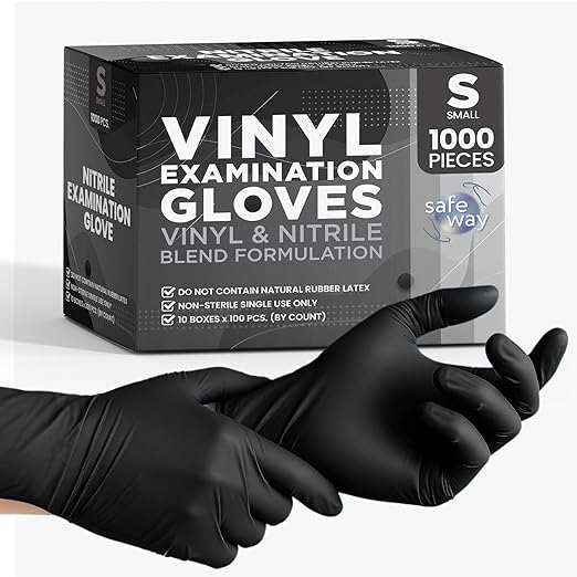Nitrile-Vinyl Blended Disposable Gloves, Powder-Free & Non-Latex Gloves, 1000, Protective Gloves for Medical Exams, Cooking & Household Cleaning, 4 Mil Thick Non-Sterile Secure Grip Black, Small