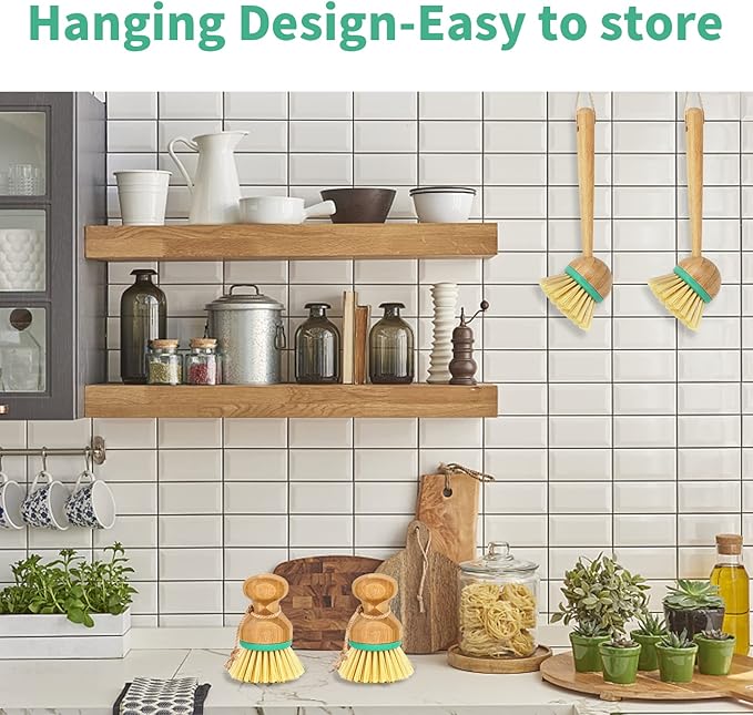TOPULORS Set of 3 Bamboo Dish Scrub Brushes Wooden Handle Stiff Bristles Scrubbers for Cast Iron Pans Pots Vegetables Sink Cleaning - Durable Kitchen Dish Washing Brush (2 Mini and 1 Long Handle)…