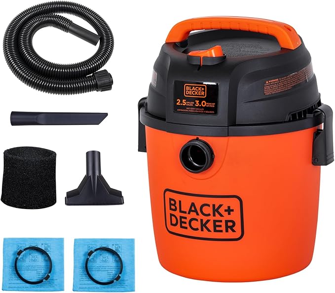 BLACK+DECKER 2.5 Gallon Shop Vac, 3 Peak HP Wet Dry Vacuum with Powerful Suction, Portable for Garage Car and Home Use, Pet Hair Cleaning, Accessories Included, BDXV18134PA