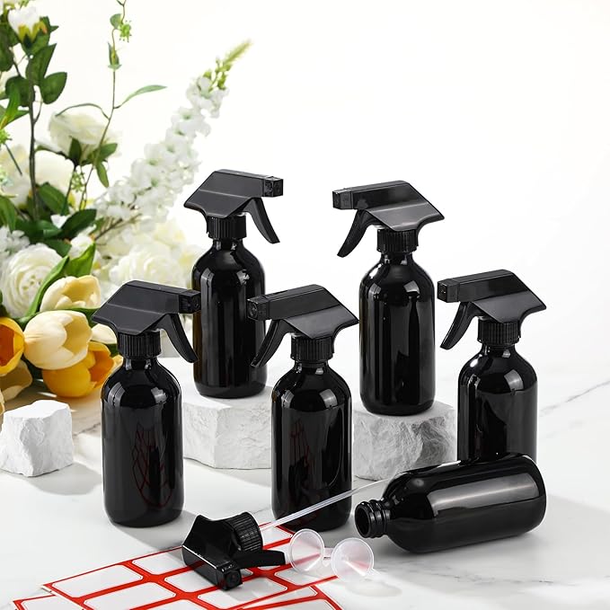 Norme 24 Pcs Glass Spray Bottles with Funnels and Labels 8 oz Refillable Cosmetic Empty Spray Containers with Trigger Squirt Containers for Essential Oil Cleaning Solutions(Black)