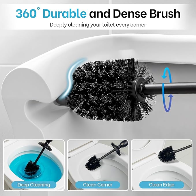 Megier Matt Black Toilet Brush and Holder Set, Toilet Bowl Brush with Heavy Duty Wide Base,Deep Cleaning Modern Bathroom Cleaner Brush -Space Saving
