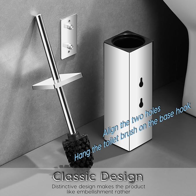 JOVYXIE Bright Silver Stainless Steel Square Toilet Brush with Metal Lid Dual-Use Toilet Brush Holder with Drilled + Drill-Free Hook Base Includes Removable Inner Bucket (Bright Silver)