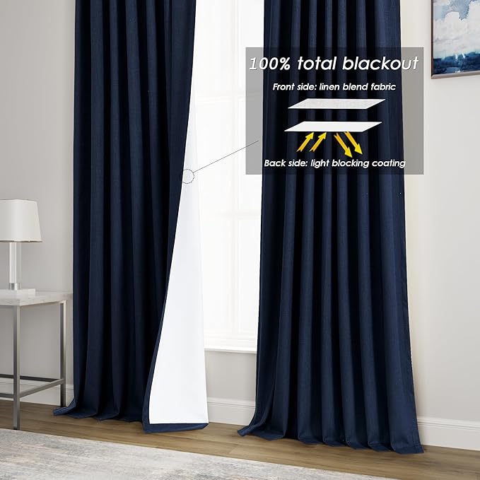100% Blackout Linen Curtains 100 Inches Long 2 Panels for Bedroom Back Tab Pinch Pleated Black Out Curtain Urban Noise Cancelling Total Light Blocking Window Drapes 100 Inch Length,Navy Blue